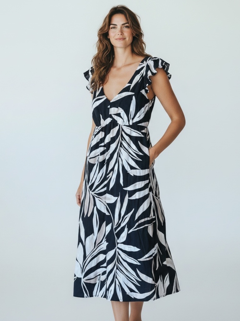 Time and Tru Tropical Midi Dress XS Black White Palm Print